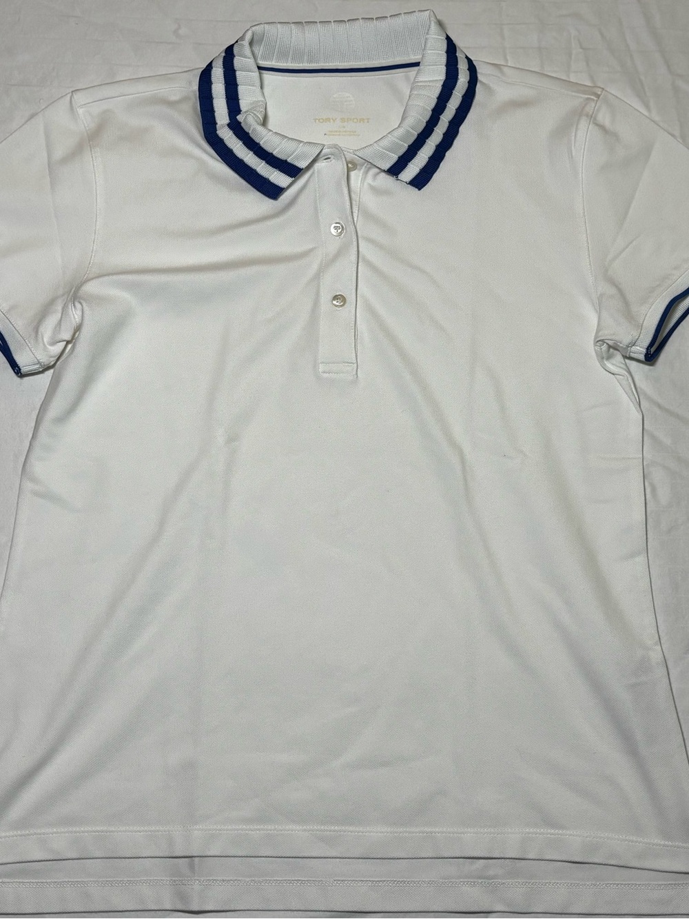 Tory Sport White Polo with Navy Stripe Collar